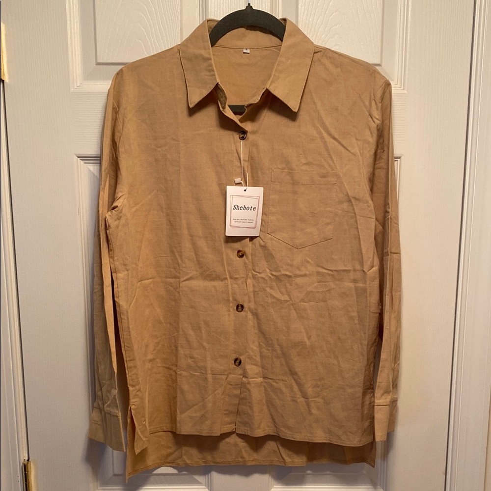 Shebote Women’s Tan High Low Button Down Shirt…size S